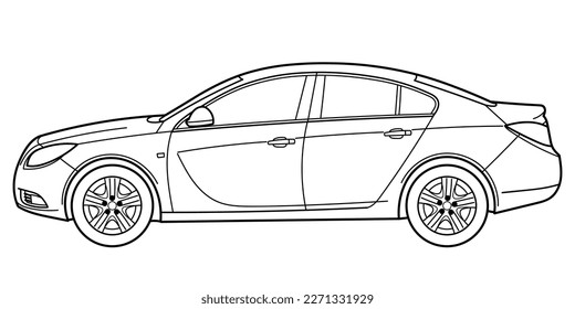 Classic modern sedan car, side view shot. Outline doodle vector illustration for your design - print, color book	
