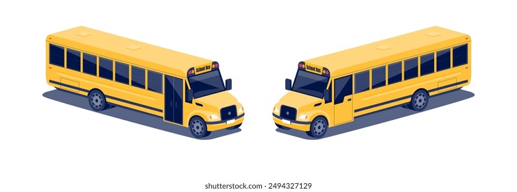 Classic modern yellow school bus. Urban city transport vehicle for kids delivery. Flat isolated vector illustration on white background in isometric dimetric style.