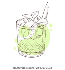 Classic mojito cocktail with lime and mint. Vector illustration of fresh and cooling summer drink