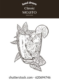 Classic mojito. Composition. Vector sketch illustration of cocktails. Hand drawn.