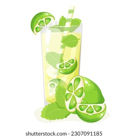 Classic mojito decorated with lime and spring of mint.