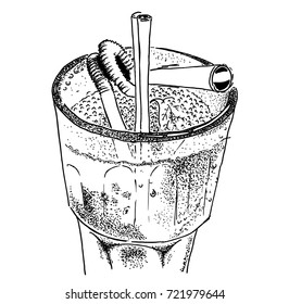 Classic mojito in Highball. Vector sketch illustration of cocktail. Hand drawn.