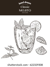 Classic mojito. Vector sketch illustration of cocktails. Hand drawn.