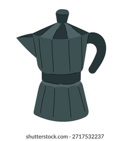 Cafeteira de café clássico moka pot sobre fundo branco.  Máquina de café cinza escuro para café expresso matinal. Ícone minimalista de aparelho de cozinha para menu café, guia barista e design de cafeteria.

