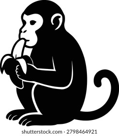 A classic monkey silhouette in solid black, seated and eating a peeled banana. The side profile captures the iconic feeding pose