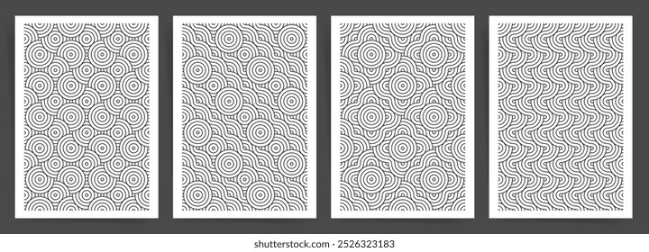 Classic Monochrome Asian Geometric Patterns. Set of Simple Wave and Circle Backgrounds for Abstract Posters and Brochures in Modern Japanese Style.
