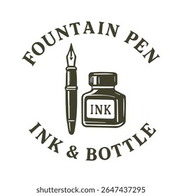 Um emblema monocromático clássico mostrando uma caneta-tinteiro sofisticada ao lado de uma garrafa de tinta antiquada, perfeito para projetos relacionados à escrita, caligrafia ou artigos de papelaria vintage.