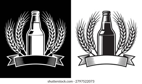 A classic monochrome vector emblem featuring a bottle of beer flanked by grain stalks and an empty banner, perfect for breweries and bars.
