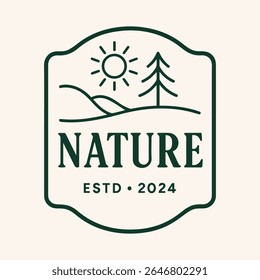Um clássico logotipo monolínico emblema natureza ao ar livre com uma montanha de sol e pinheiro com 'NATURE ESTD 2024'. Ideal para marcas de aventura produtos ecológicos e negócios temáticos de natureza selvagem.