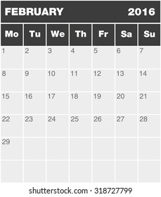 Classic month planning calendar in English for February 2016, Monday to Sunday (all year  available in portfolio)