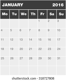 Classic month planning calendar in English for January 2016, Monday to Sunday (all year  available in portfolio)