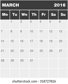Classic month planning calendar in English for March 2016, Monday to Sunday (all year  available in portfolio)