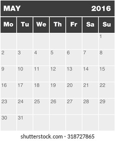 Classic month planning calendar in English for May 2016, Monday to Sunday (all year  available in portfolio)