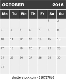 Classic month planning calendar in English for October 2016, Monday to Sunday (all year  available in portfolio)