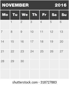 Classic month planning calendar in English for November 2016, Monday to Sunday (all year  available in portfolio)