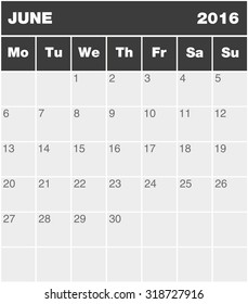 Classic month planning calendar in English for June 2016, Monday to Sunday (all year  available in portfolio)