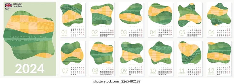 Classic monthly 2024 eco green calendar mockup or 24 year agriculture kalender template on english. Week start on Monday. Vertical ecology planner layout. European English Gregorian annual calender