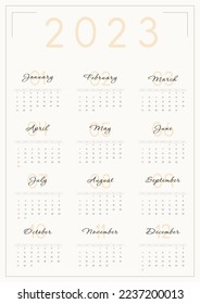 Classic monthly calendar for 2023. Minimalistic vertical calendar. The week starts on Sunday.