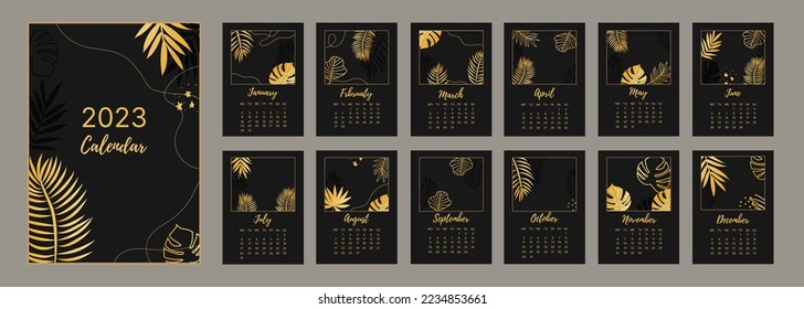 calendario mensual clásico para 2023. Calendario con hojas de palma y monstera, color negro y dorado.