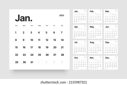 Classic monthly calendar for 2023. Calendar in the style of minimalist square shape. The week starts on Sunday.
