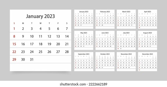 Classic monthly calendar for 2023. Calendar in the style of minimalist square shape. The week starts on Sunday.