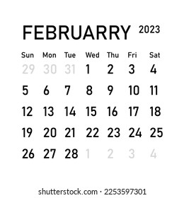 Classic monthly calendar for 2023. Calendar in the style of minimalist square shape. 2023 mockup. Classic simple minimal design. Black numbers on white background. Februarry