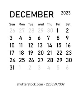 Classic monthly calendar for 2023. Calendar in the style of minimalist square shape. 2023 mockup. Classic simple minimal design. Black numbers on white background. December