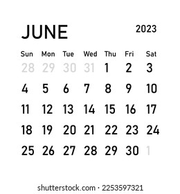 Classic monthly calendar for 2023. Calendar in the style of minimalist square shape. 2023 mockup. Classic simple minimal design. Black numbers on white background. June