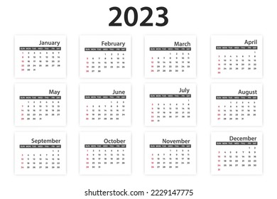 Classic monthly calendar for 2023. The week starts on Sunday. Vector design isolated on white background