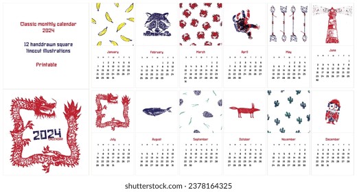 Classic monthly calendar 2024. Chinese red dragon, banana, crab, blue raccoon, stereo astronaut, Indian arrow, lighthouse, pine cone, fir needle, whale, fox, cactus. Handdrawn linocut illustration