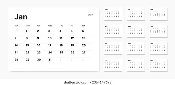 Classic monthly calendar for 2024, designed in a minimalist landscape style with Sunday as the starting day of the week.