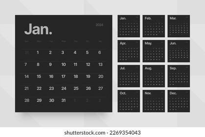 Classic monthly calendar for 2024. The calendar grid is square in black and dark color. The week starts on Sunday.