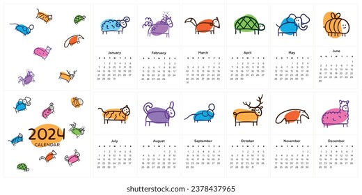 Classic monthly calendar 2024. Minimalistic doodle illustration of domestic and forest animals. Elephant, mouse, turtle, deer, tiger, alpaca, anteater, ram, bee, fox, unicorn, dog. Multicolored spots
