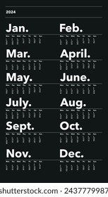 Classic monthly calendar for 2024 on black background. Calendar in the style of minimalist square shape. The week starts on Monday. English text. Bold. Helvetica