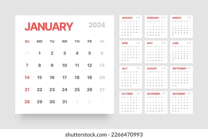 Classic monthly calendar for 2024. Calendar in the style of minimalist square shape. The week starts on Sunday.