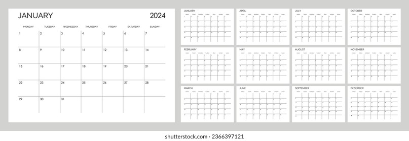 Classic monthly calendar for 2024. Calendar in the style of minimalist square shape. The week starts on Monday. English text