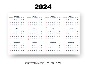 Classic monthly calendar for 2024. Calendar in the style of minimalist square shape. The week starts on Sunday. Work or business calendar. 2024 calendar in minimalist style.