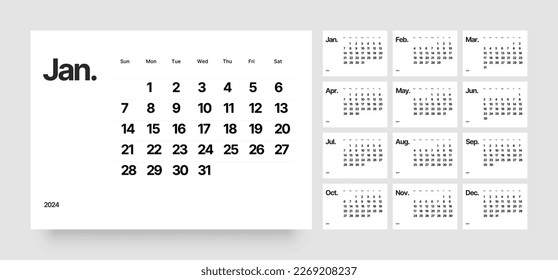 Classic monthly calendar for 2024 year. Wall calendar grid in a minimalist style. Week Starts on Sunday. 