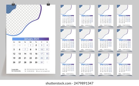 Classic monthly calendar for 2025. Calendar in the style of minimalist shape. The week starts on Sunday.