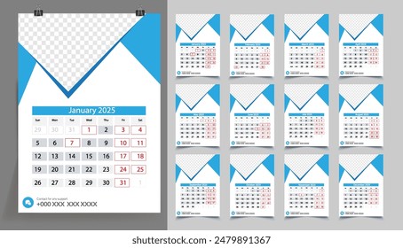 Classic monthly calendar for 2025. Calendar in the style of minimalist shape. The week starts on Sunday.