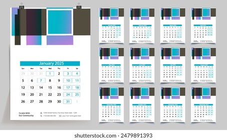 Classic monthly calendar for 2025. Calendar in the style of minimalist shape. The week starts on Sunday.