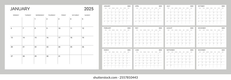 Classic monthly calendar for 2025. Calendar in the style of minimalist square shape. The week starts on Monday. English text