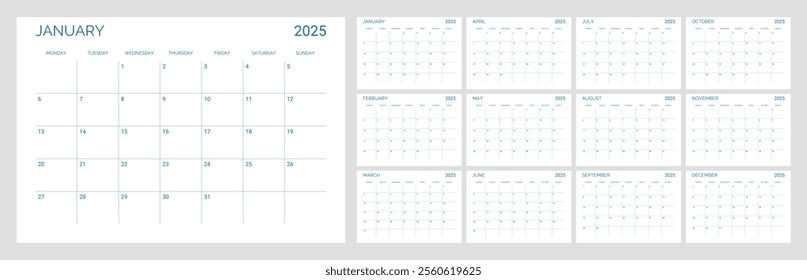 Classic monthly calendar for 2025. Calendar in the style of minimalist square shape. The week starts on Monday. English text