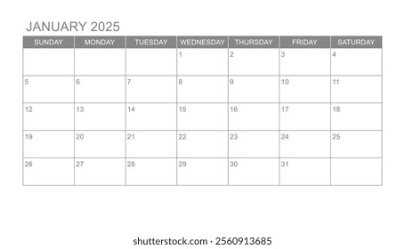 Classic monthly calendar for 2025. week starts on sunday. simple january 2025 calendar template. monthly planner design