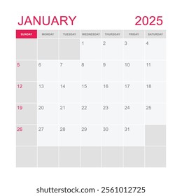 Classic monthly calendar for 2025. week starts on sunday. simple january 2025 calendar template. monthly planner design in box