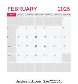 Classic monthly calendar for 2025. week starts on sunday. simple february 2025 calendar template. monthly planner design in box