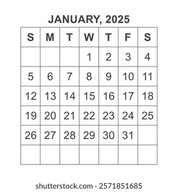 Classic monthly calendar for 2025. week starts on sunday. simple January 2025 calendar template. monthly planner design in black box