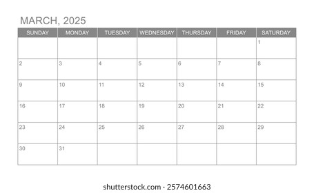 Classic monthly calendar for 2025. week starts on sunday. simple march 2025 calendar template. monthly planner design