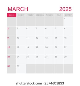 Classic monthly calendar for 2025. week starts on sunday. simple march 2025 calendar template. monthly planner design in box