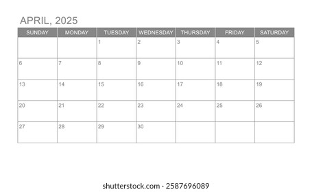 Classic monthly calendar for 2025. week starts on sunday. simple april 2025 calendar template. monthly planner design